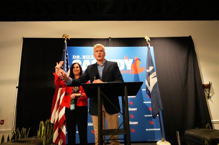 Sen. Bill Cassidy (R-LA) greets supporters with his wife Laura Cassidy at a campaign stop on May 5, 2026.