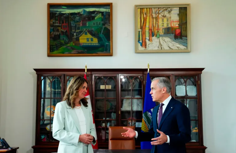 Prime Minister Mark Carney meets with Premier of Alberta Danielle Smith at his office in Ottawa on Friday, May 8, 2026.