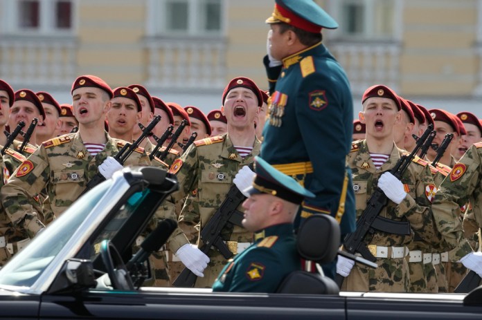Servicemen attend the Victory Day military parade marking the 81st anniversary of the Soviet Union's victory over Nazi Germany during the World War II, at the Dvortsovaya (Palace) Square in St. Petersburg, Russia, Saturday, May 9, 2026 