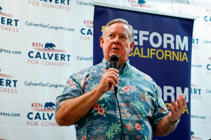 Rep. Ken Calvert, R-Calif., speaks at a "Barbeque, Beer and Ballots" event organized by Reform California on Saturday, May 9, 2026, in Corona, Calif.
