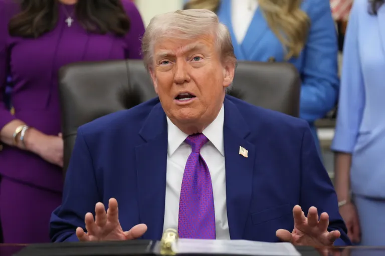 President Donald Trump speaks to reporters at an event about maternal healthcare, Monday, May 11, 2026, in the Oval Office of the White House, in Washington. (AP Photo/Jacquelyn Martin)