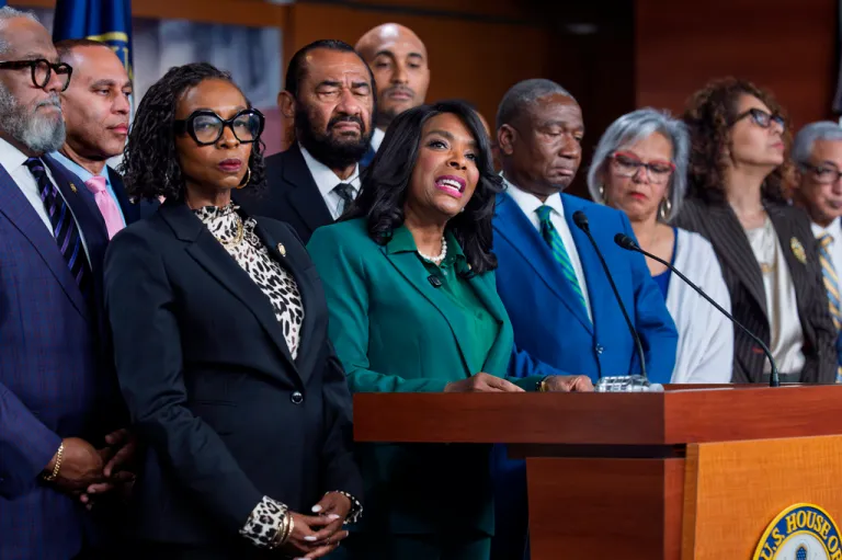 Rep. Terri Sewell, D-Ala., center, is surrounded by members of the Congressional Black Caucus as they speak to reporters in the wake of the Supreme Court ruling to strike down a majority Black congressional district in Louisiana, at the Capitol in Washington, Wednesday, April 29, 2026. (AP Photo/J. Scott Applewhite)