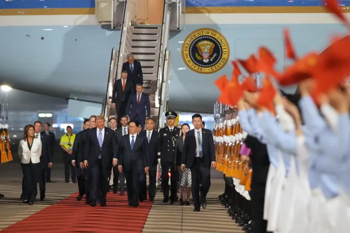 President Donald Trump walks with China's Vice President Han Zheng during a welcome ceremony Wednesday, May 13, 2026, at Beijing Capital International Airport in Beijing. (AP Photo/Mark Schiefelbein)