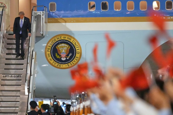 President Donald Trump arrives on Air Force One, Wednesday, May 13, 2026, at Beijing Capital International Airport in Beijing. (AP Photo/Mark Schiefelbein)
