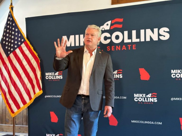 U.S. Rep. Mike Collins, R-Ga., speaks to supporters in Acworth, Ga., on Monday, May 4, 2026. (AP Photo/Jeff Amy)