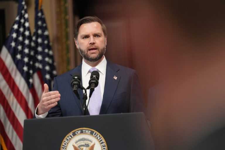 Vice President JD Vance speaks to the media from the Eisenhower Executive Office Building on the White House campus