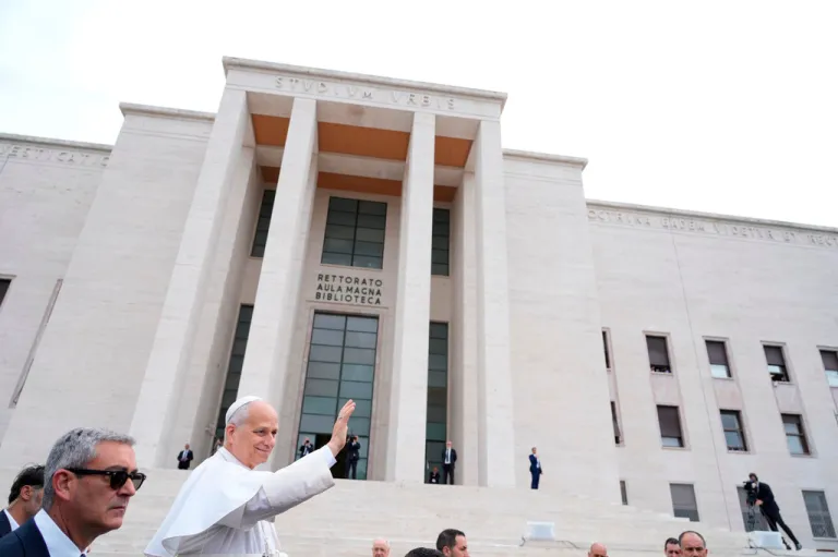 Pope Leo XIV visits the Città Universitaria (University City) at Sapienza University of Rome to meet with faculty and students at the institution's primary campus, one of the world's oldest and largest universities, Thursday, May 14, 2026.