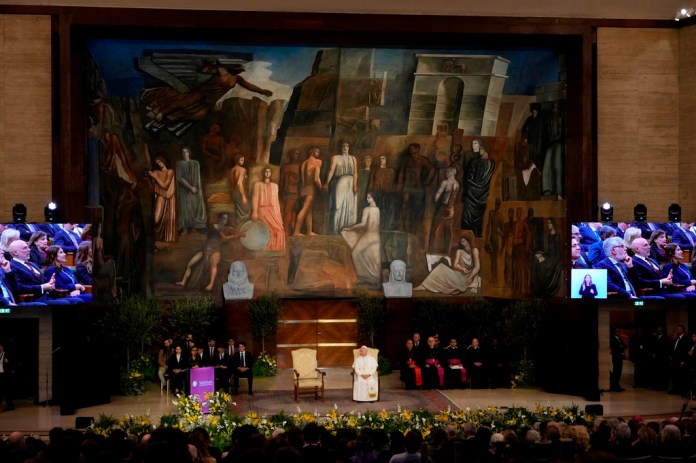 Pope Leo XIV visits the Città Universitaria (University City) at Sapienza University of Rome to meet with faculty and students at the institution's primary campus, one of the world's oldest and largest universities, Thursday, May 14, 2026. 