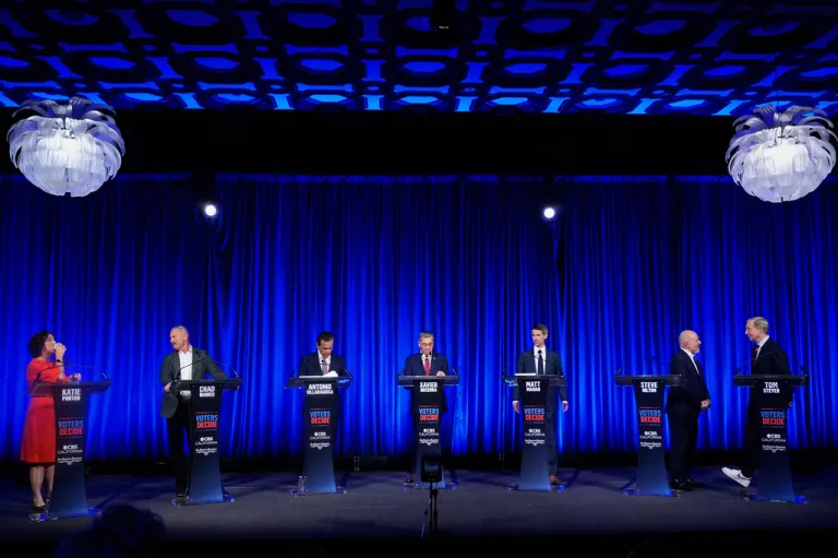 Katie Porter, Chad Bianco, Antonio Villaraigosa, Xavier Becerra, Matt Mahan, Steve Hilton and Tom Steyer.
