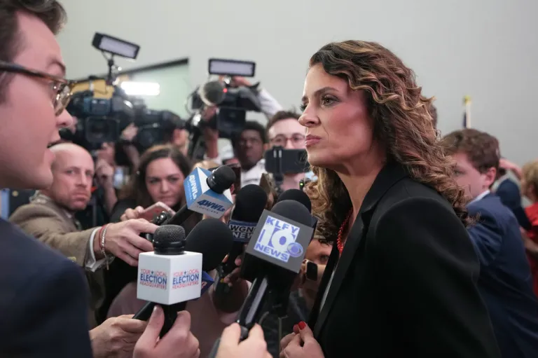 U.S. Senate candidate Rep. Julia Letlow, R-La., speaks to media during an election night watch party Saturday, May 16, 2026, in Baton Rouge, La.