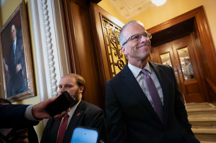 Senate Majority Leader John Thune, R-S.D., speaks with reporters at the Capitol in Washington, Monday, May 18, 2026