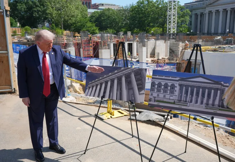 President Donald Trump summoned the press pool for an unscheduled viewing of the ongoing White House ballroom construction on Tuesday, claiming that the guest space and security facilities are both critical components of the project. (AP Photo/Jacquelyn Martin)