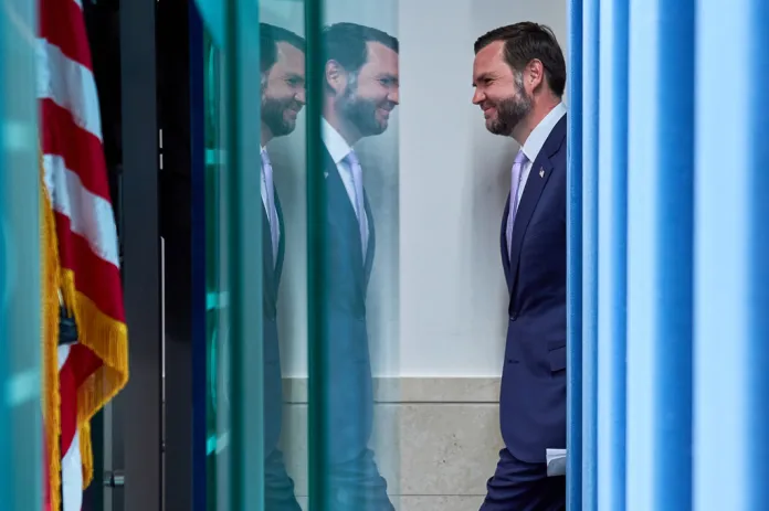 Vice President JD Vance arrives to speak to reporters in the James Brady Press Briefing Room at the White House, Tuesday, May 19, 2026, in Washington.