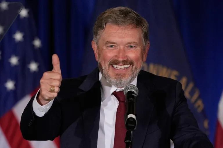 Rep. Thomas Massie, R-Ky., gives a thumbs-up on stage during an election night watch party after losing the Republican party's nomination at the Marriott Cincinnati Airport, Tuesday, May 19, 2026, in Hebron, Ky.