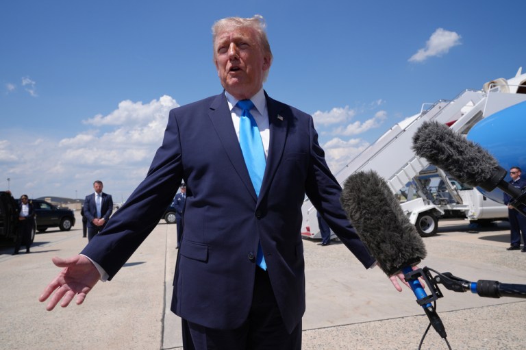 President Donald Trump speaks to the press.