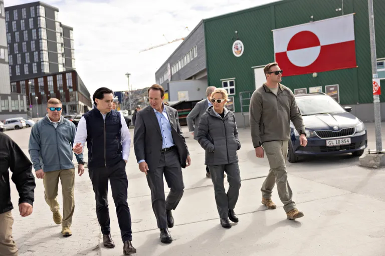U.S. special envoy to Greenland, Republican Louisiana Gov. Jeff Landry, center, walks with others in Nuuk, Greenland, on Wednesday, May 20, 2026.