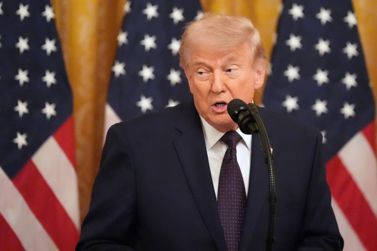 President Donald Trump speaks during the swearing in of Kevin Warsh as Chairman of the Federal Reserve.
