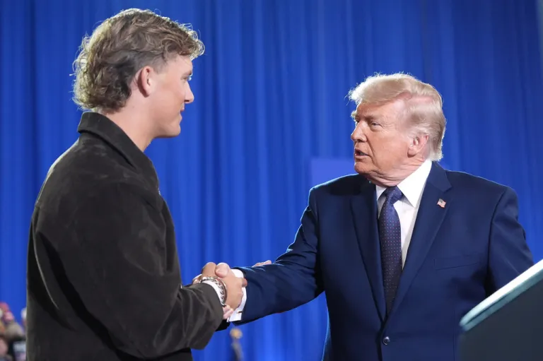 The president, speaking in Rockland County, New York, was introduced by New York Giants quarterback Jaxson Dart, who kept his remarks short but was invoked by the president multiple times Friday afternoon. (AP Photo/Alex Brandon)