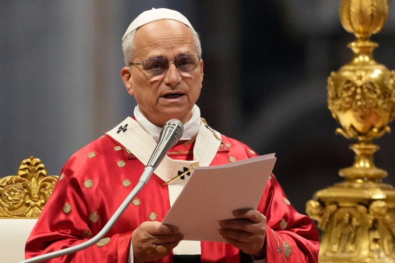 Pope Leo XIV reads his message during the Pentecost Mass in St. Peter's Basilica, at the Vatican, Sunday, May 24, 2026. (AP Photo/Gregorio Borgia)