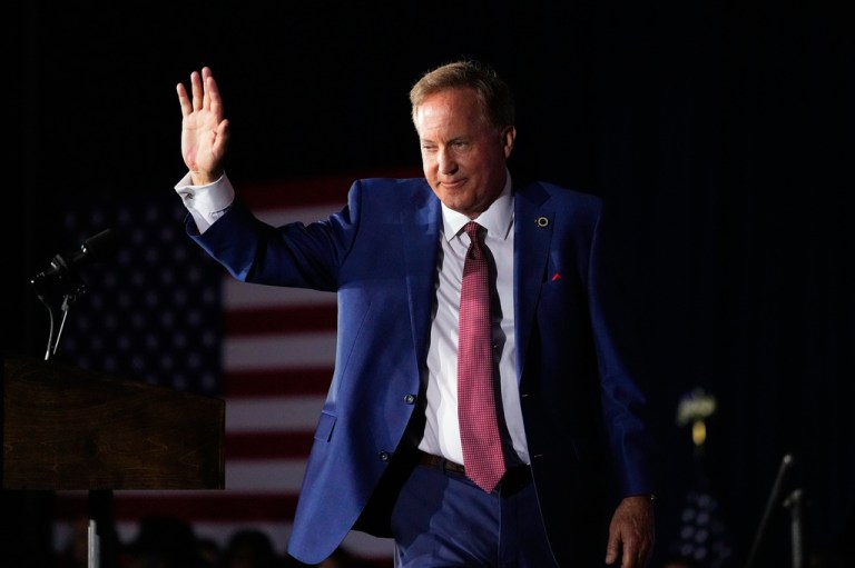 Texas Attorney General Ken Paxton, a Republican candidate for the U.S. Senate, waves as he takes the stage to speak during a primary runoff election night event after winning the Republican party's nomination Tuesday, May 26, 2026, in Plano, Texas.