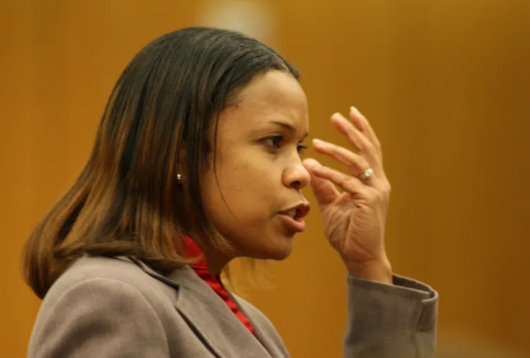 FILE - Fulton County Senior ADA Eleanor Ross speaks during opening statements Wednesday, Feb. 17, 2010 in Atlanta. (Vino Wong/Atlanta Journal-Constitution via AP, File)