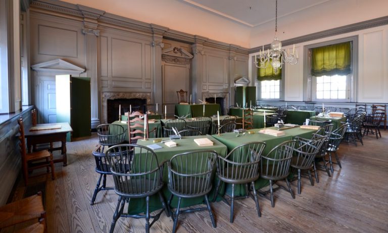 The assembly room at Independence Hall in Philadelphia, where the Second Continental Congress met in 1776. (Photo courtesy of Mount Vernon.)