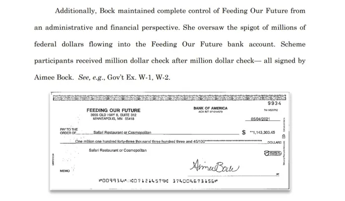 A check signed by Bock made out to one of the implicated Feeding Our Future food distribution sites. (U.S. Justice Department)