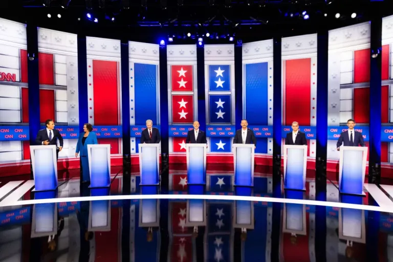 From left to right, Antonio Villaraigosa, Katie Porter, Tom Steyer, Steve Hilton, Chad Bianco, Xavier Becerra, and Matt Mahan participate in a California gubernatorial debate hosted by CNN at East Los Angeles College in Monterey Park, CA. Tuesday, May 5, 2026. (AP Photo/Ethan Swope)