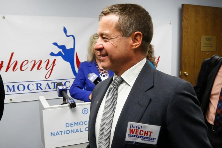 David Wecht, a Democrat running for the Pennsylvania Supreme Court, arrives for a news conference, Oct. 15, 2015, in Pittsburgh. (AP Photo/Keith Srakocic, File)