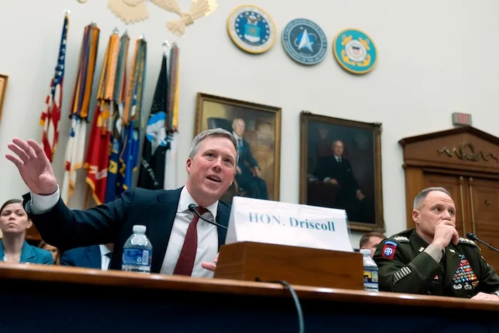 Secretary of the Army Dan Driscoll, left, and Gen. Christopher LaNeve, acting Army chief of staff, testify before the House Armed Services Committee hearing on the budget request of the Department of the Army, on Capitol Hill, Friday, May 15, 2026, in Washington. (AP Photo/Manuel Balce Ceneta)