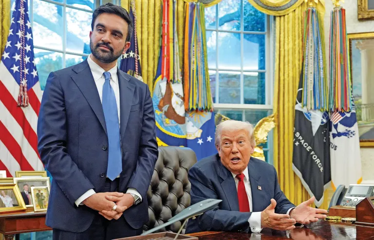 President Donald Trump talks to reporters after meeting with New York Mayor-elect Zohran Mamdani, left, at the White House, Nov. 21, 2025. (Evan Vucci/AP)