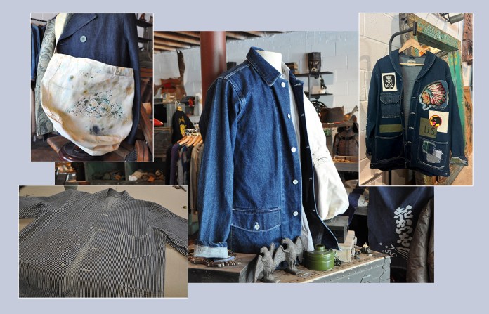 Union Overall Company offers old and new workwear apparel, including a paint-splattered canvas messenger bag, a hickory-striped denim jacket, and a shawl collar denim jacket adorned with patchwork by artist Kimbro Edwards. (Photo courtesy of Farahn Morgan)