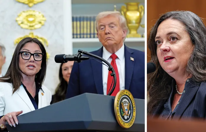 At left, President Donald Trump listens as Labor Secretary Lori Chavez-DeRemer speaks in the Oval Office, Oct. 16, 2025; at right, Crystal Carey, tapped by Trump to be general counsel of the National Labor Relations Board, during a confirmation hearing in Washington, D.C., July 16, 2025. (Left, Alex Brandon/AP; right, Valerie Plesch/Bloomberg/Getty)