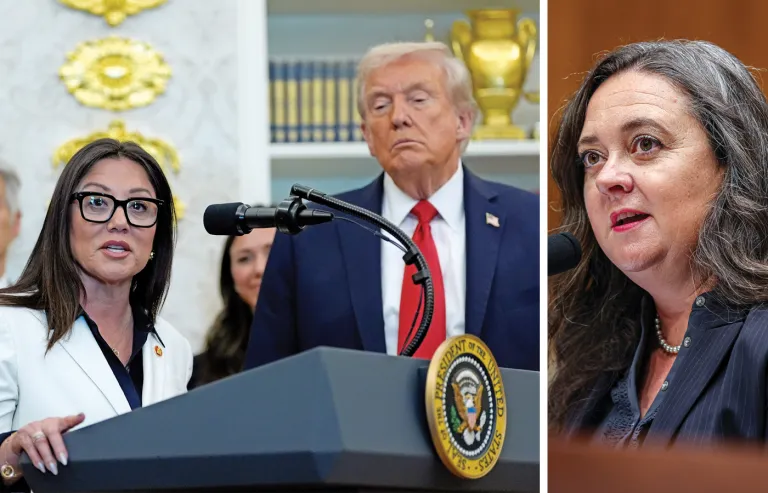 At left, President Donald Trump listens as Labor Secretary Lori Chavez-DeRemer speaks in the Oval Office, Oct. 16, 2025; at right, Crystal Carey, tapped by Trump to be general counsel of the National Labor Relations Board, during a confirmation hearing in Washington, D.C., July 16, 2025. (Left, Alex Brandon/AP; right, Valerie Plesch/Bloomberg/Getty)