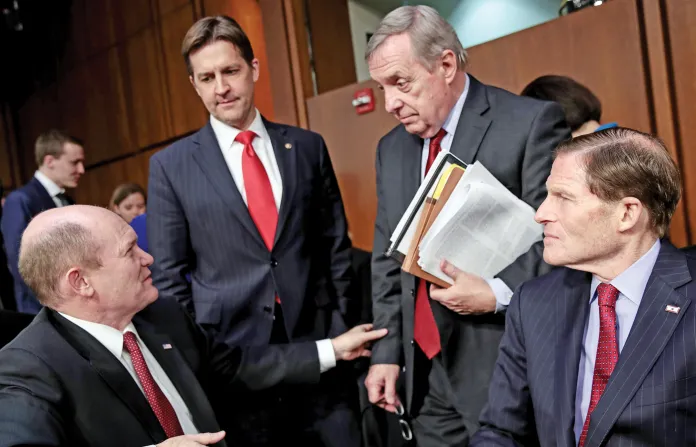 Sen. Ben Sasse (R-NE), second from left, with Sens. Chris Coons (D-DE), far left, Dick Durbin (D-IL), second from right, and Richard Blumenthal (D-CT), far right, during Judge Neil Gorsuch’s Supreme Court confirmation hearing before the Senate Judiciary Committee, March 21, 2017. (Drew Angerer/Getty Images)