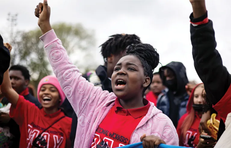 Students and teachers leave schools for an International Workers’ Day protest in Chicago, May 1, 2025. (Audrey Richardson / Chicago Tribune / Tribune News Service / Getty)
