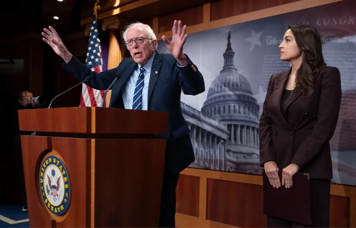 Sen. Bernie Sanders (I-VT) and Rep. Alexandria Ocasio Cortez (D-NY) hold a news conference on the Artificial Intelligence Data Center Moratorium Act, at the Capitol on March 25. (J. Scott Applewhite/AP)