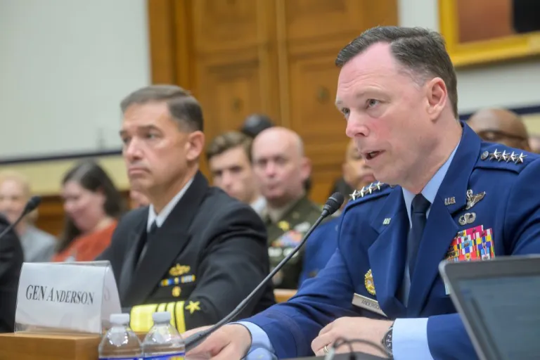 Gen. Dagvin Anderson is joined by Adm. Brad Cooper during a House Committee on Armed Services business meeting on May 19, 2026, in Washington.