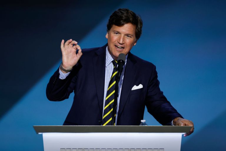 Tucker Carlson speaks on stage on the fourth day of the Republican National Convention at the Fiserv Forum on July 18, 2024, in Milwaukee, Wisconsin.