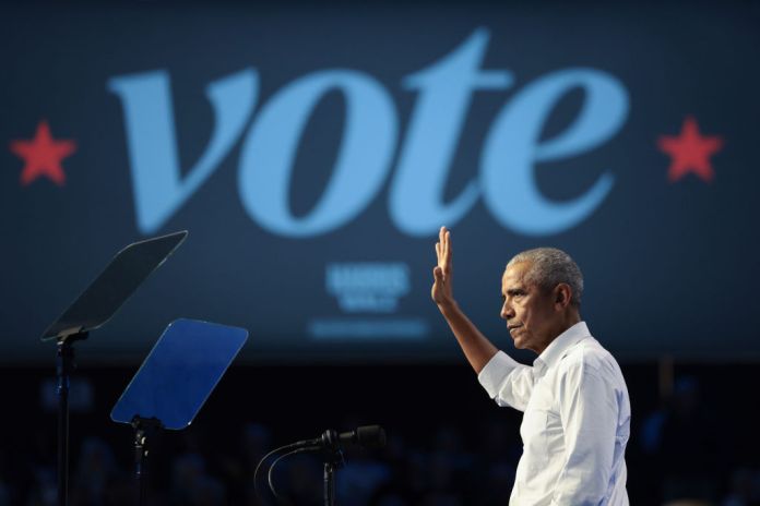 Former U.S. President Barack Obama speaks during a campaign rally in support of Democratic presidential nominee, U.S. Vice President Kamala Harris at Temple University October 28 in Philadelphia, Pennsylvania. Voters in the United States will cast their ballots on November 5, 2024. (Photo by Win McNamee/Getty Images)