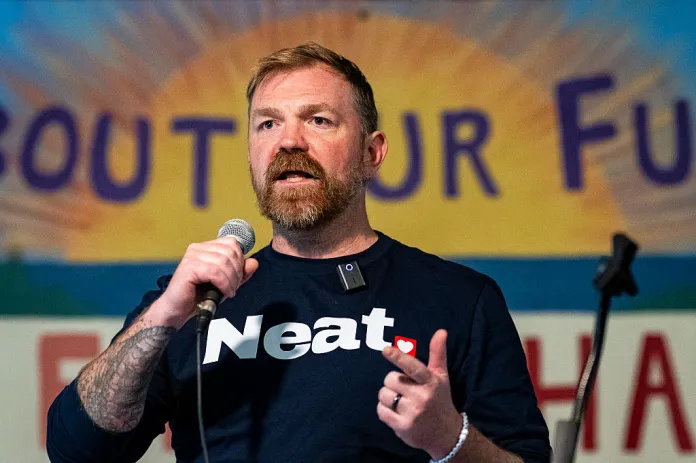 U.S. Senate candidate from Maine Graham Platner speaks during a campaign townhall event on May 2, 2026 in Appleton, Maine. Supporters gathered in a rustic barn to hear Platner speak and answer un-screened questions from the audience. (Photo by Graeme Sloan/Getty Images)