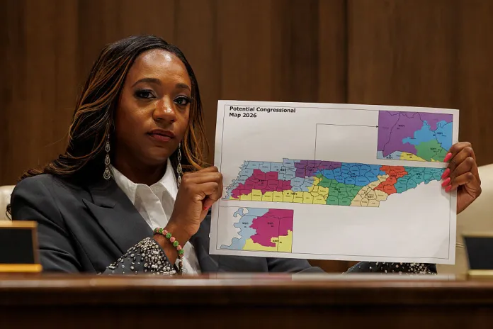State Senator London Lamar, a Democrat from Tennessee, holds a copy of the proposed Congressional map for Tennessee during a special legislative session at the Tennessee State Capitol in Nashville, Tennessee, US, on Wednesday, May 6, 2026. Tennessee is considering redrawing its House congressional map following a key Supreme Court decision last week, a move expected to bolster Republicans ahead of what are forecast to be tough midterm elections in November. Photographer: Madison Thorn/Bloomberg via Getty Images