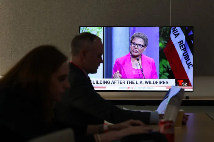 Karen Bass talks while journalists work during a 2026 Los Angeles Mayoral debate at Skirball Cultural Center on Wednesday, May 6, 2026 in Los Angeles, CA. (Jason Armond / Los Angeles Times via Getty Images)