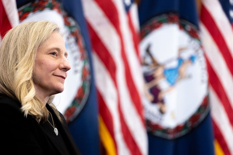 Gov. Abigail Spanberger looks on as Del. Briana Sewell, D-Prince William, speaks about a bill that will create a paid family and medical leave program, Richmond, Va., Monday, May 11, 2026. (Mike Kropf/Richmond Times-Dispatch via Getty Images)