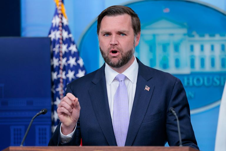 Vice President JD Vance speaks during a press conference in the Brady Press Briefing Room at the White House on May 19, 2026 in Washington, DC. Vance held the briefing as White House Press Secretary Karoline Leavitt is away on maternity leave. (Photo by Heather Diehl/Getty Images)