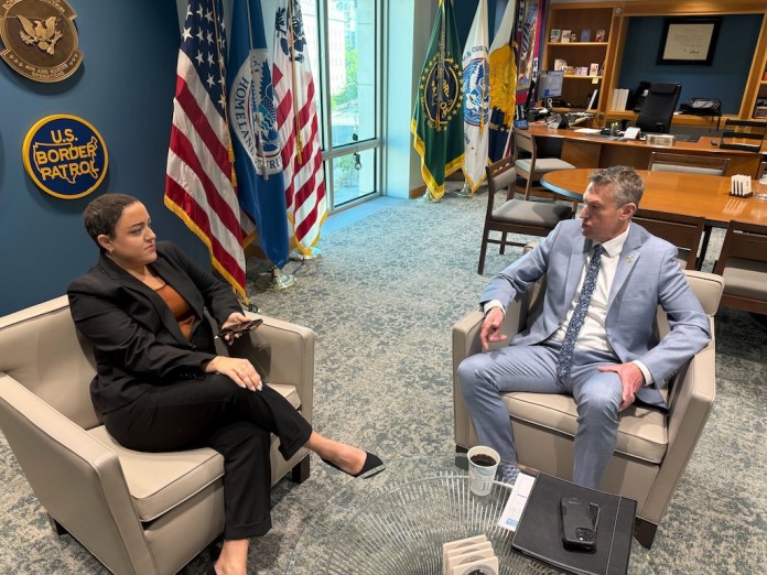 U.S. Customs and Border Protection Commissioner Rodney Scott speaks with Washington Examiner reporter Anna Giaritelli at the agency's Washington headquarters on April 27, 2026. (Hilton Beckham/CBP)