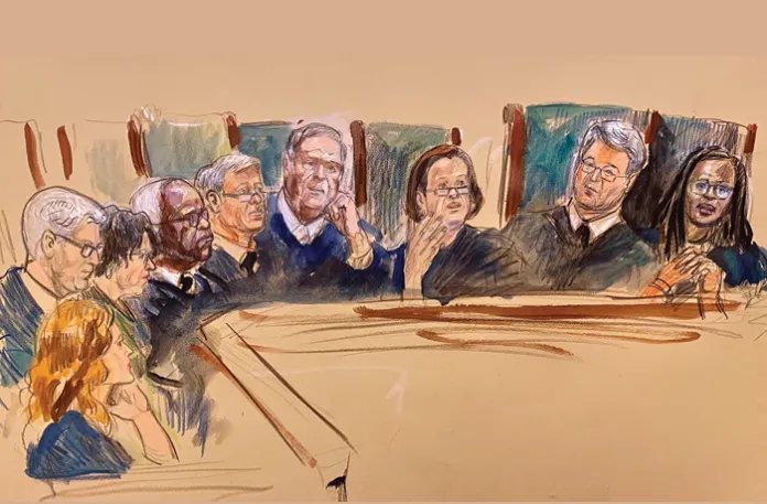 This courtroom sketch depicts Supreme Court justices, from left, Amy Coney Barrett, Neil Gorsuch, Sonia Sotomayor, Clarence Thomas, Chief Justice John Roberts, Samuel Alito, Elena Kagan, Brett Kavanaugh, and Ketanji Brown Jackson, listening to arguments before the Court on April 1 in Washington. (Dana Verkouteren via AP)