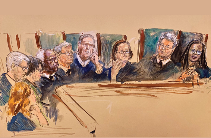 This courtroom sketch depicts Supreme Court justices, from left, Amy Coney Barrett, Neil Gorsuch, Sonia Sotomayor, Clarence Thomas, Chief Justice John Roberts, Samuel Alito, Elena Kagan, Brett Kavanaugh, and Ketanji Brown Jackson, listening to arguments before the Court on April 1 in Washington. (Dana Verkouteren via AP)