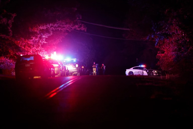 Police block off near S. Airport Depot Blvd. in Edmond, OK, after a campground shooting at Lake Arcadia, Sunday, May 3, 2026. (AP Photo/Alonzo Adams)