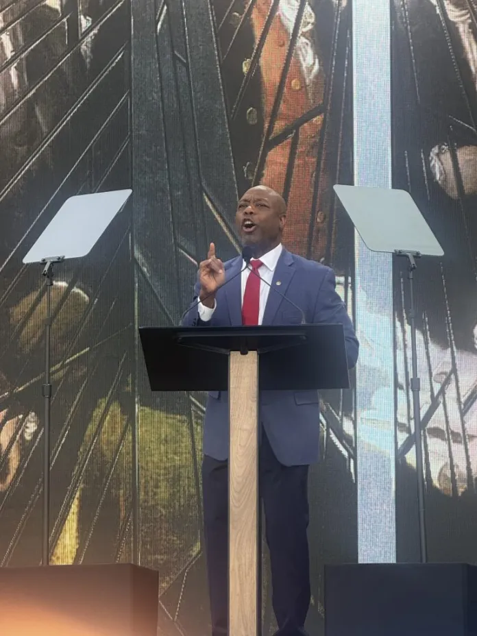 Sen. Tim Scott (R-SC) speaking at Rededicate 250 on the National Mall. (Adisa Hargett-Robinson/Washington Examiner)